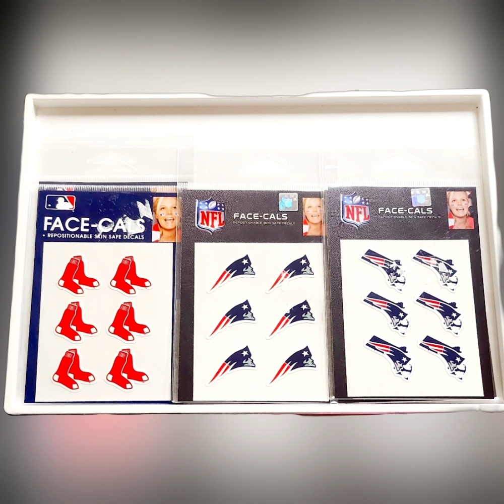 NWT SET OF 3 FACE DECALS: REDSOX & PATRIOTS FANGEAR!